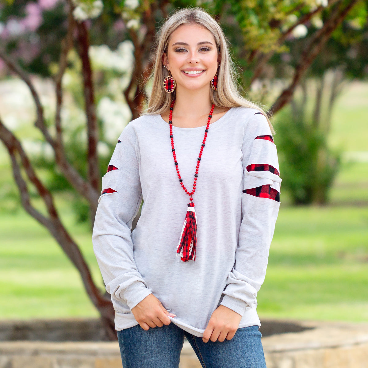 10068 - Game Day Long Sleeve Buffalo Plaid Cut up Top - Marble