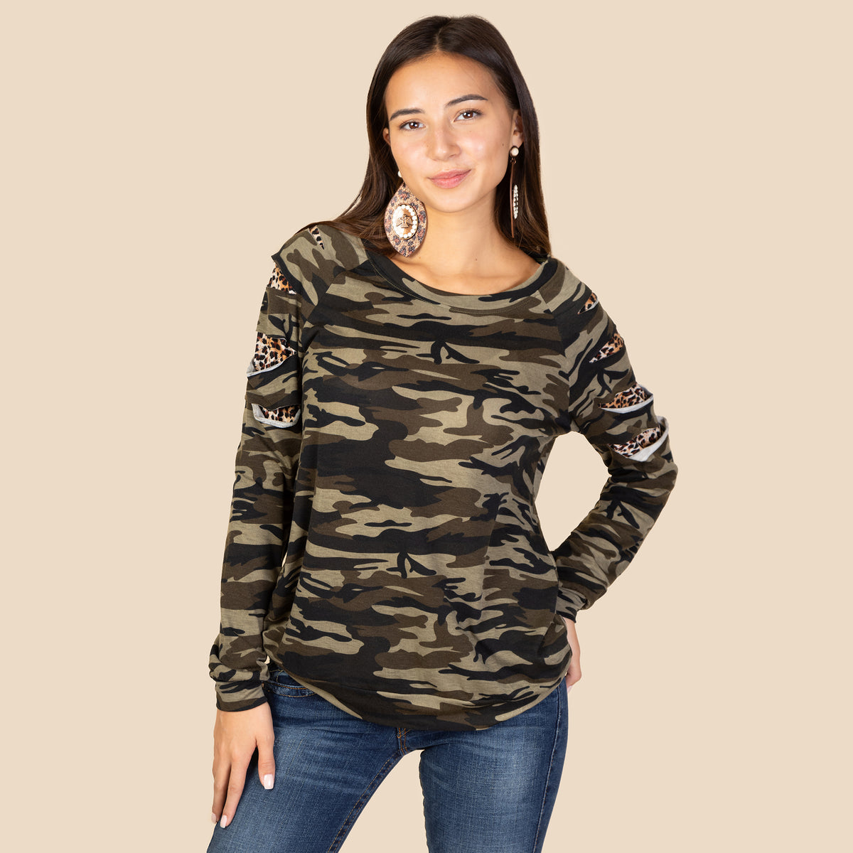 10069 - Game Day Long Sleeve Leopard Cut Top - Camouflage