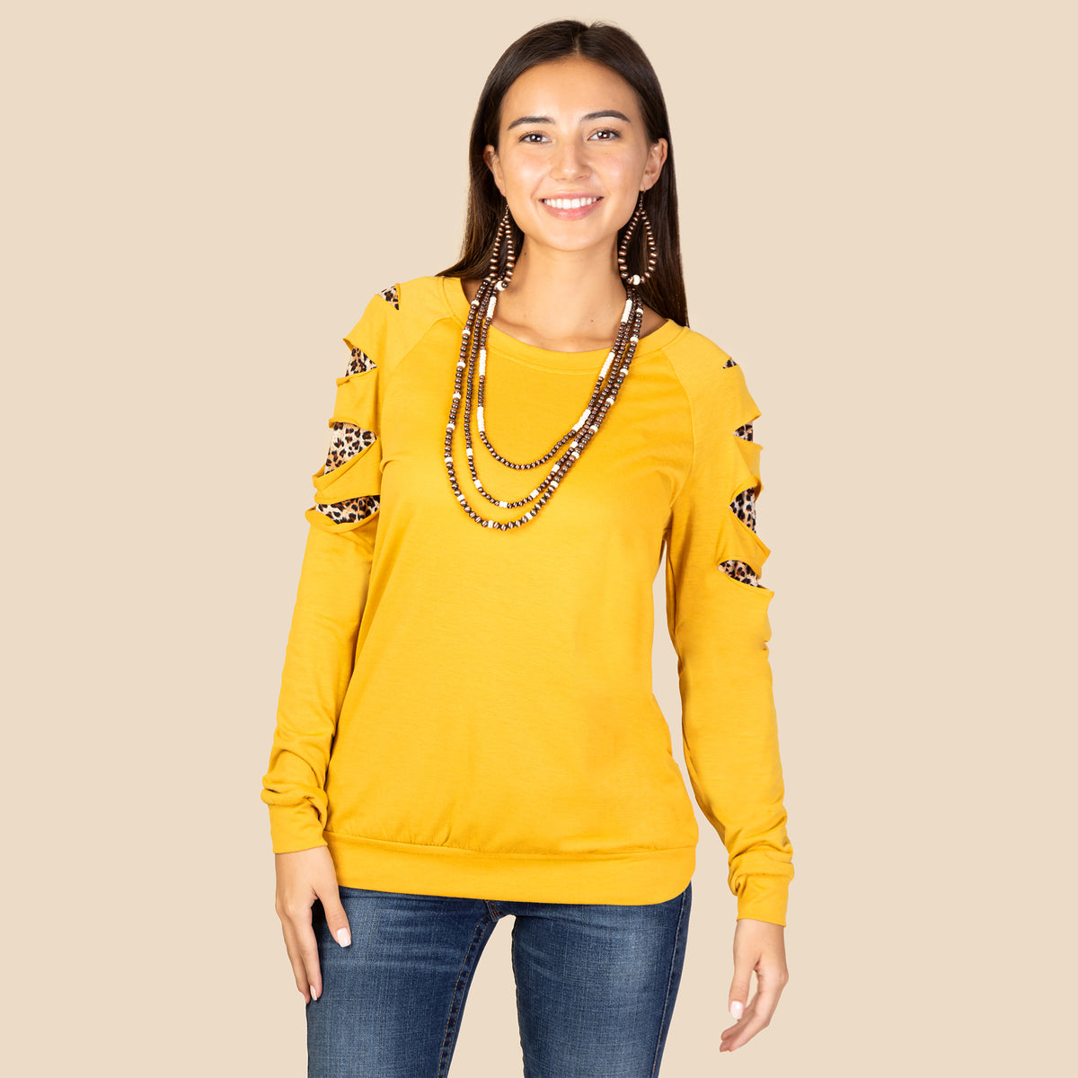 10069 - Game Day Long Sleeve Leopard Cut Top - Mustard