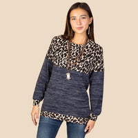 Load image into Gallery viewer, 10262 - Leopard Color Block Long Sleeve Top - Navy Blue
