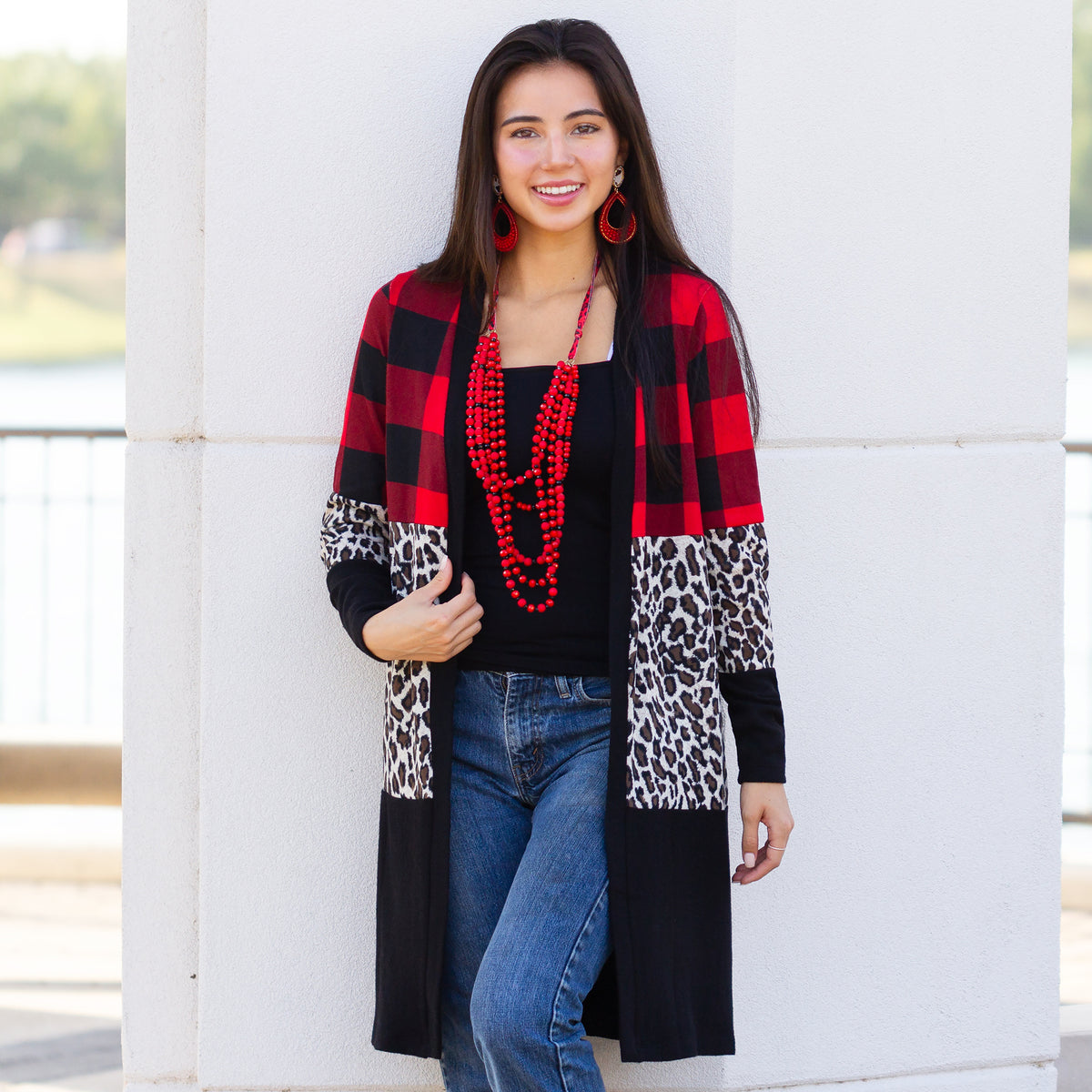 10275 - Buffalo Plaid and Leopard Color Block Cardigan with Pockets