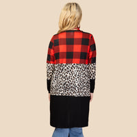 Load image into Gallery viewer, 10275 - Buffalo Plaid and Leopard Color Block Cardigan with Pockets
