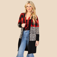 Load image into Gallery viewer, 10275 - Buffalo Plaid and Leopard Color Block Cardigan with Pockets
