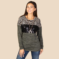 Load image into Gallery viewer, 10366 - Leopard and Sequin Long Sleeve Top - Olive
