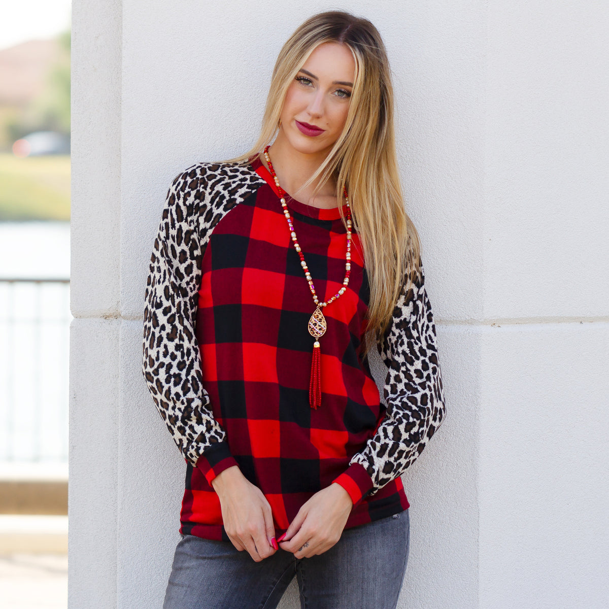 10369 - Buffalo Plaid Top with Leopard Sleeves