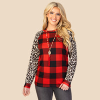Load image into Gallery viewer, 10369 - Buffalo Plaid Top with Leopard Sleeves
