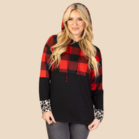 Load image into Gallery viewer, 10431 - Buffalo Plaid Hoodie Top with Leopard Accents

