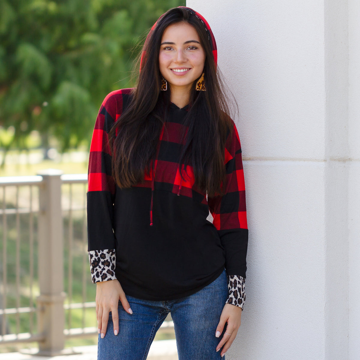10431 - Buffalo Plaid Hoodie Top with Leopard Accents