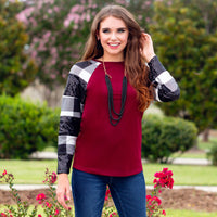 Load image into Gallery viewer, 10436 - Plaid and Sequin Long Sleeve Top - Maroon White
