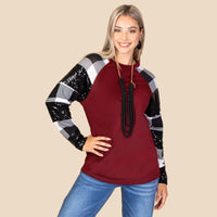 Load image into Gallery viewer, 10436 - Plaid and Sequin Long Sleeve Top - Maroon White
