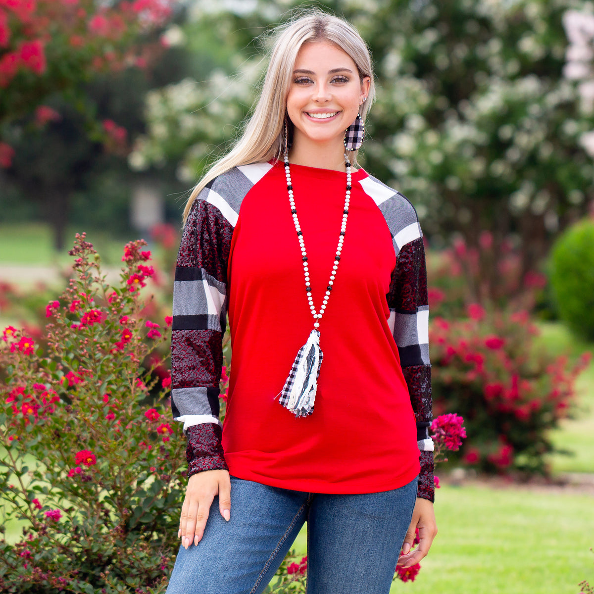 10436 - Plaid and Sequin Long Sleeve Top - Red White