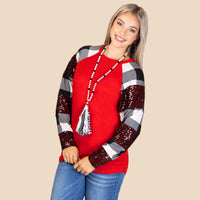 Load image into Gallery viewer, 10436 - Plaid and Sequin Long Sleeve Top - Red White
