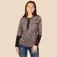 Load image into Gallery viewer, 10443 - Leopard Print Lace Sleeve Top - Pink
