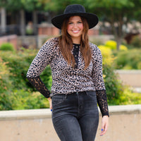 Load image into Gallery viewer, 10443 - Leopard Print Lace Sleeve Top - Pink

