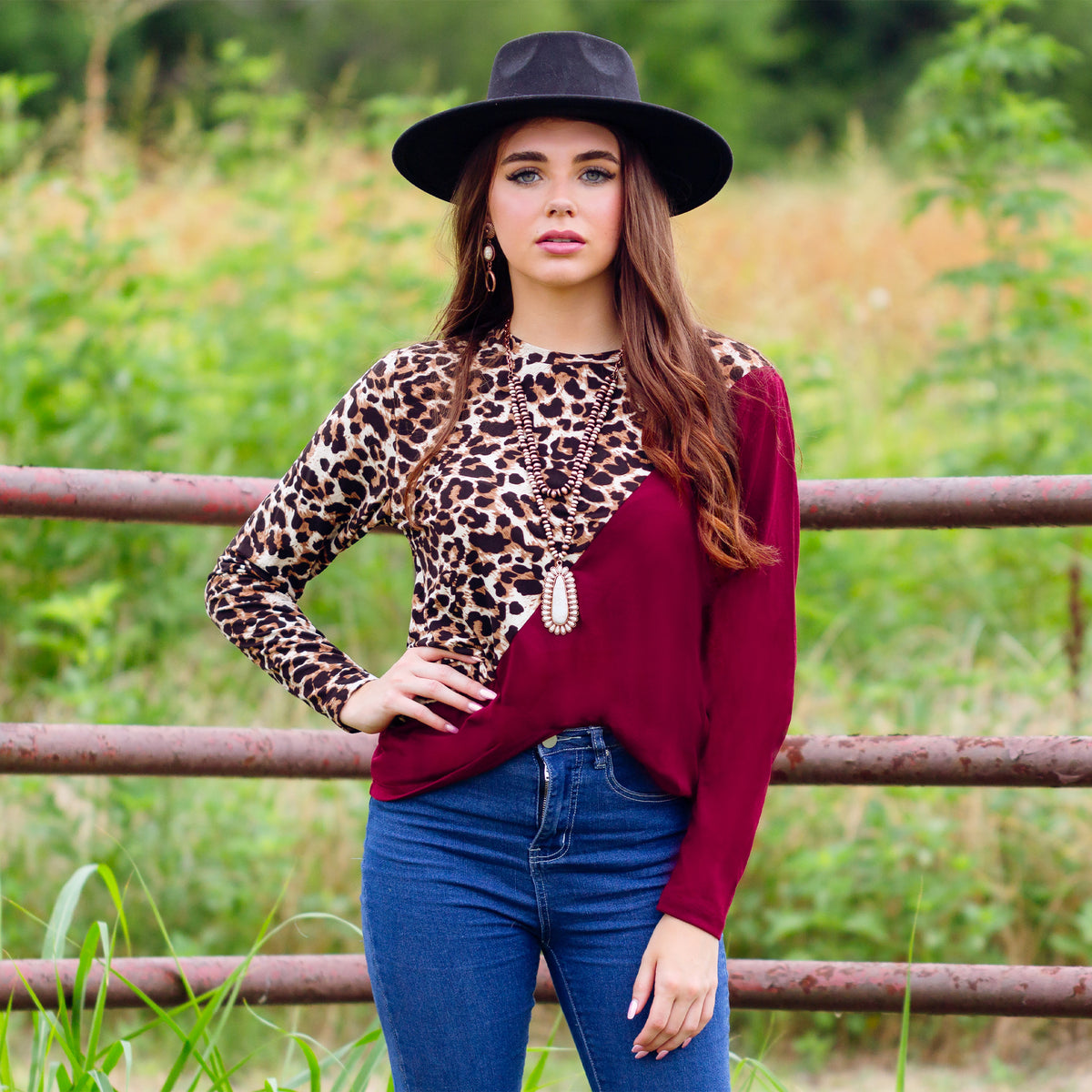 10448 - Long Sleeve Color Block Leopard Top - Maroon