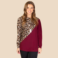Load image into Gallery viewer, 10448 - Long Sleeve Color Block Leopard Top - Maroon
