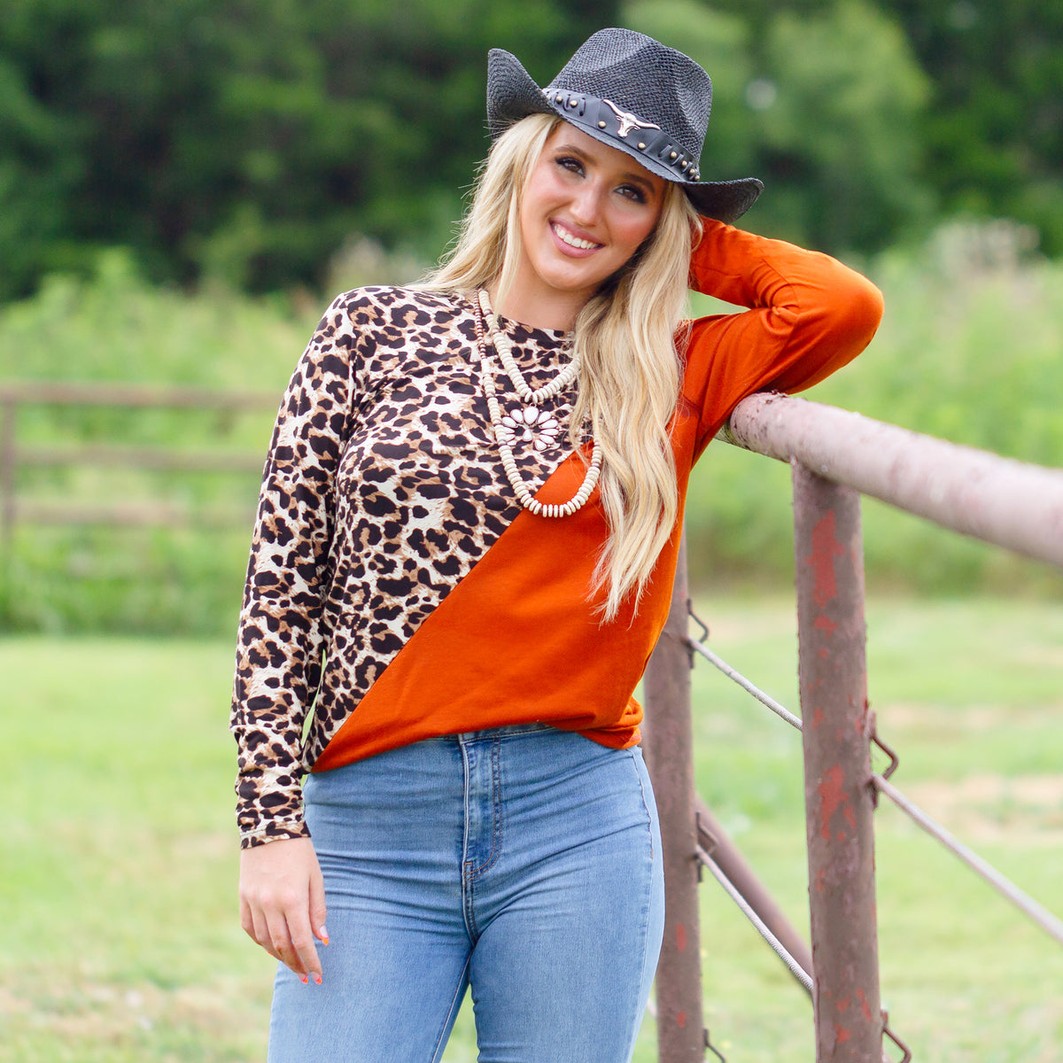 10448 - Long Sleeve Color Block Leopard Top - Rust