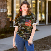 Load image into Gallery viewer, 10470 - Half Sleeve Camo Top With American Flag Pocket

