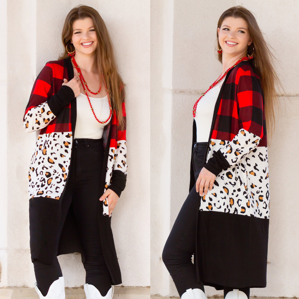 10494 - Buffalo Plaid and Leopard Cardigan with Pockets