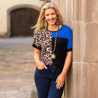 Load image into Gallery viewer, 10565 - Leopard Color Block Half Sleeve Top - Royal Blue
