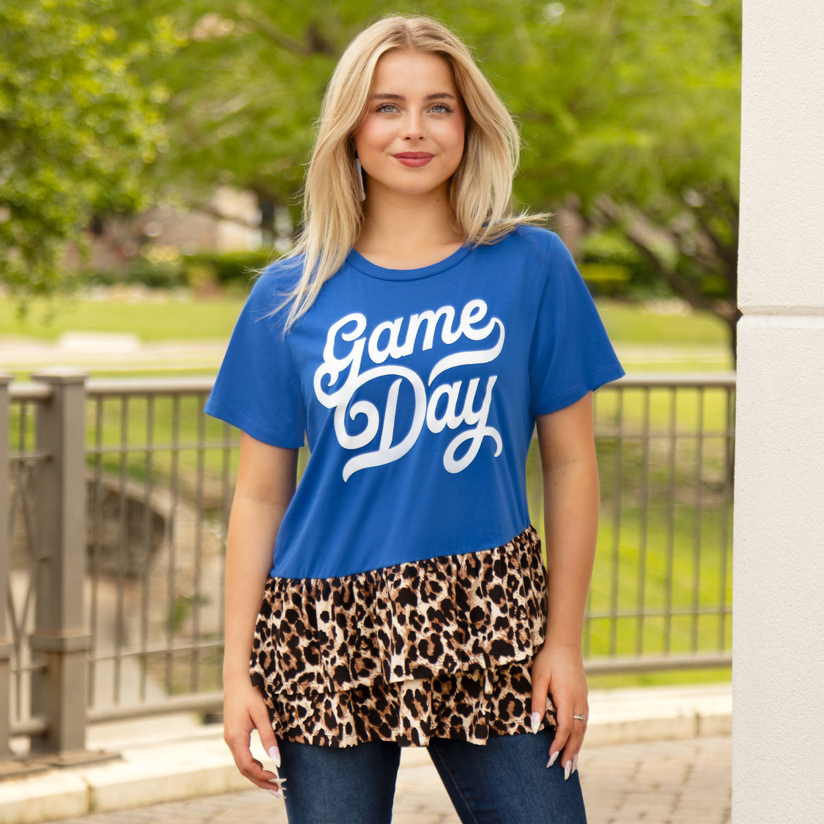 10585 - Game Day Ruffle Bottom Leopard Top - Royal Blue