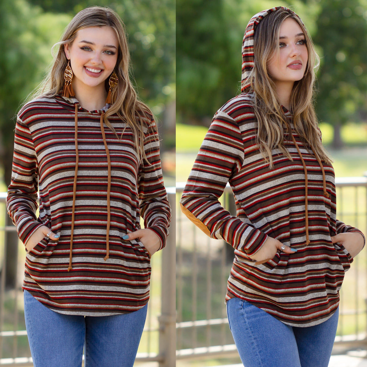 10616 - Striped Hoodie with Elbow Patches and Pockets