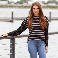 Load image into Gallery viewer, 10622 - Striped Top with Lace Sleeves - Black
