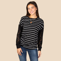 Load image into Gallery viewer, 10622 - Striped Top with Lace Sleeves - Black
