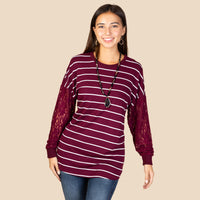 Load image into Gallery viewer, 10622 - Striped Top with Lace Sleeves - Wine
