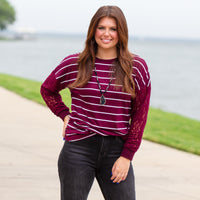 Load image into Gallery viewer, 10622 - Striped Top with Lace Sleeves - Wine
