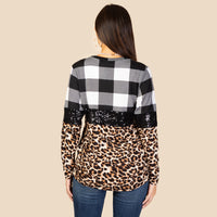 Load image into Gallery viewer, 10652 - Plaid and Leopard Sequin Long Sleeve Top
