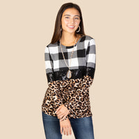 Load image into Gallery viewer, 10652 - Plaid and Leopard Sequin Long Sleeve Top
