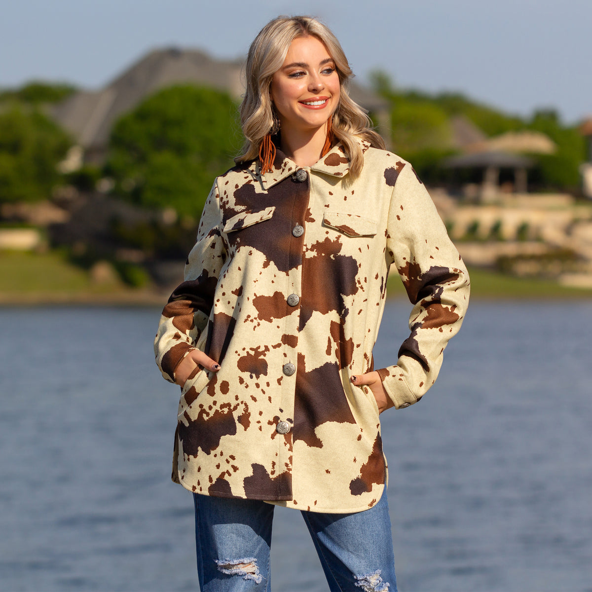 10665 - Cow Print Shacket with Pockets - Brown
