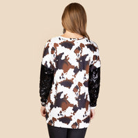 Load image into Gallery viewer, 10667 - Cow Print Top with Sequin Sleeves
