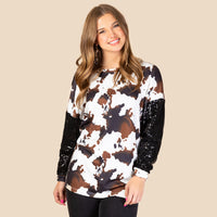 Load image into Gallery viewer, 10667 - Cow Print Top with Sequin Sleeves
