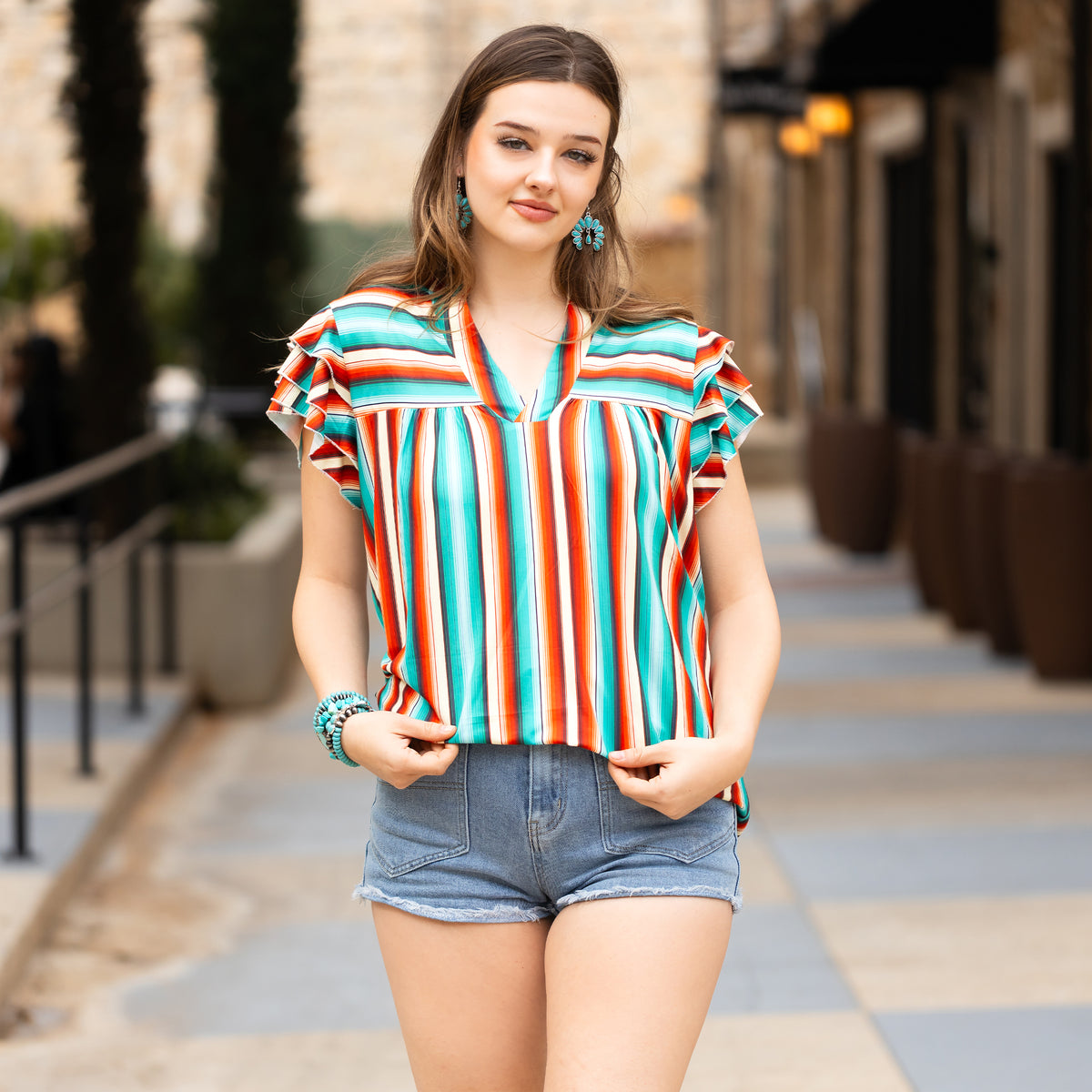10697 - Serape V Neck Top with Ruffle Sleeves