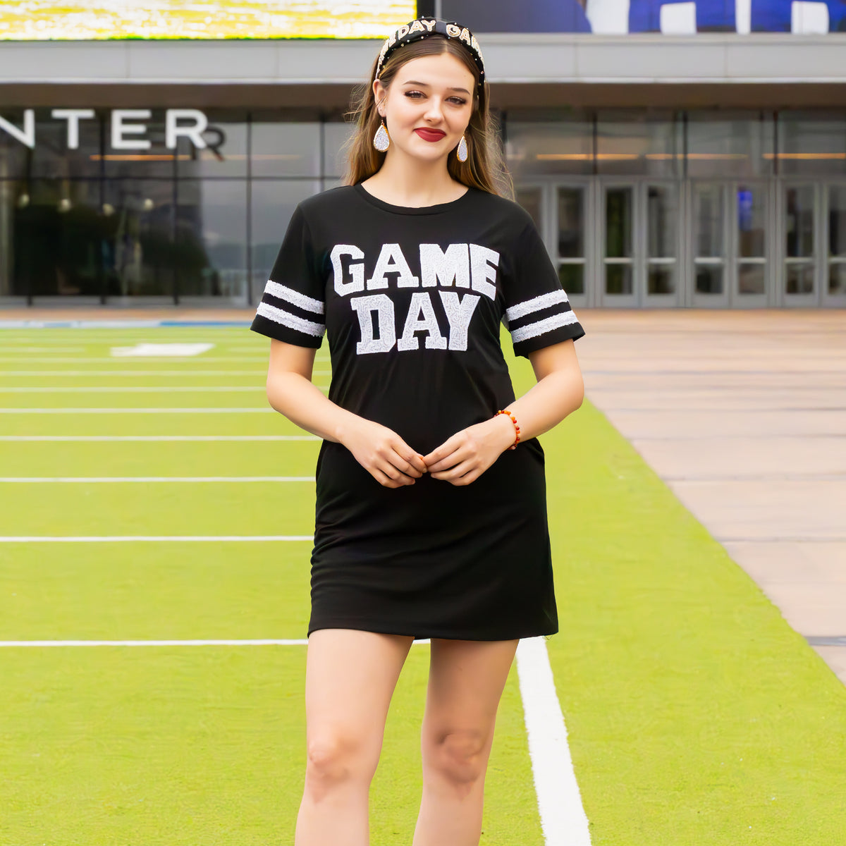 10719 - Game Day Sequin T Shirt Dress with Pockets - Black