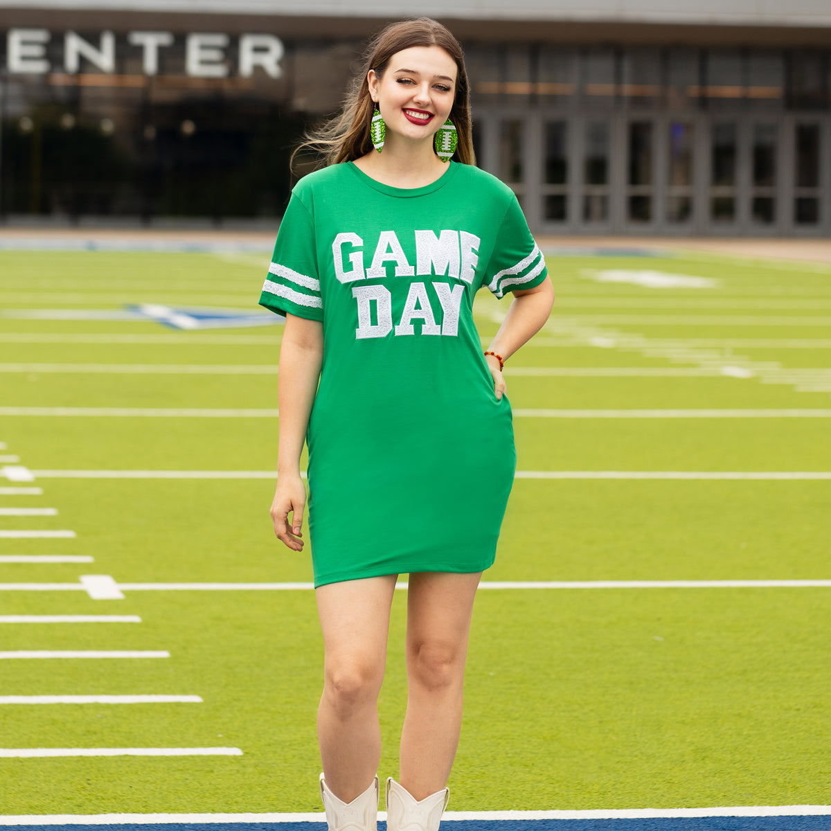 10719 - Game Day Sequin T Shirt Dress with Pockets - Kelly Green