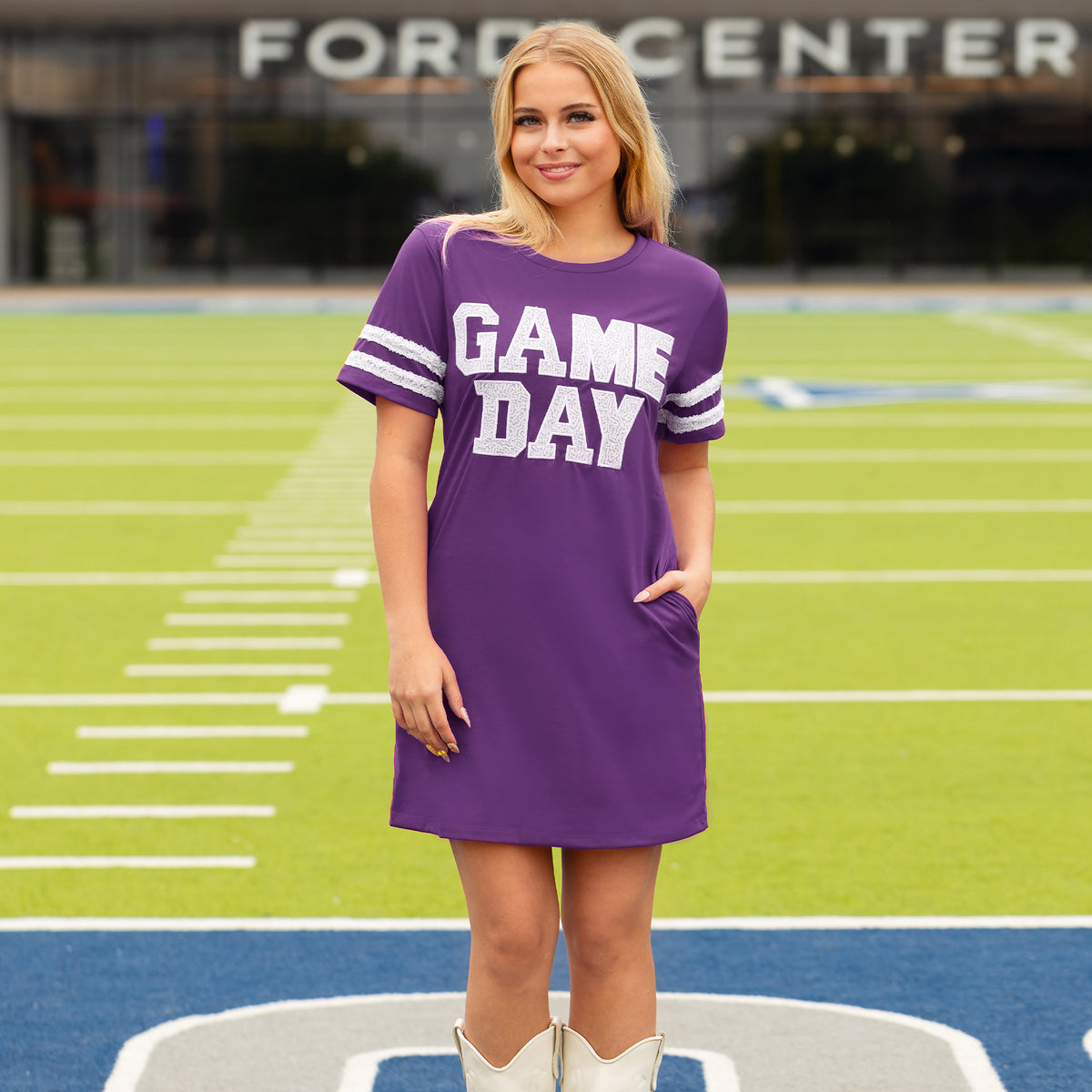 10719 - Game Day Sequin T Shirt Dress with Pockets - Purple