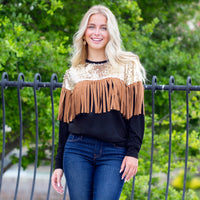 Load image into Gallery viewer, 10905 - Sequin &amp; Fringe Long Sleeve Top
