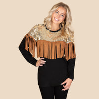 Load image into Gallery viewer, 10905 - Sequin &amp; Fringe Long Sleeve Top
