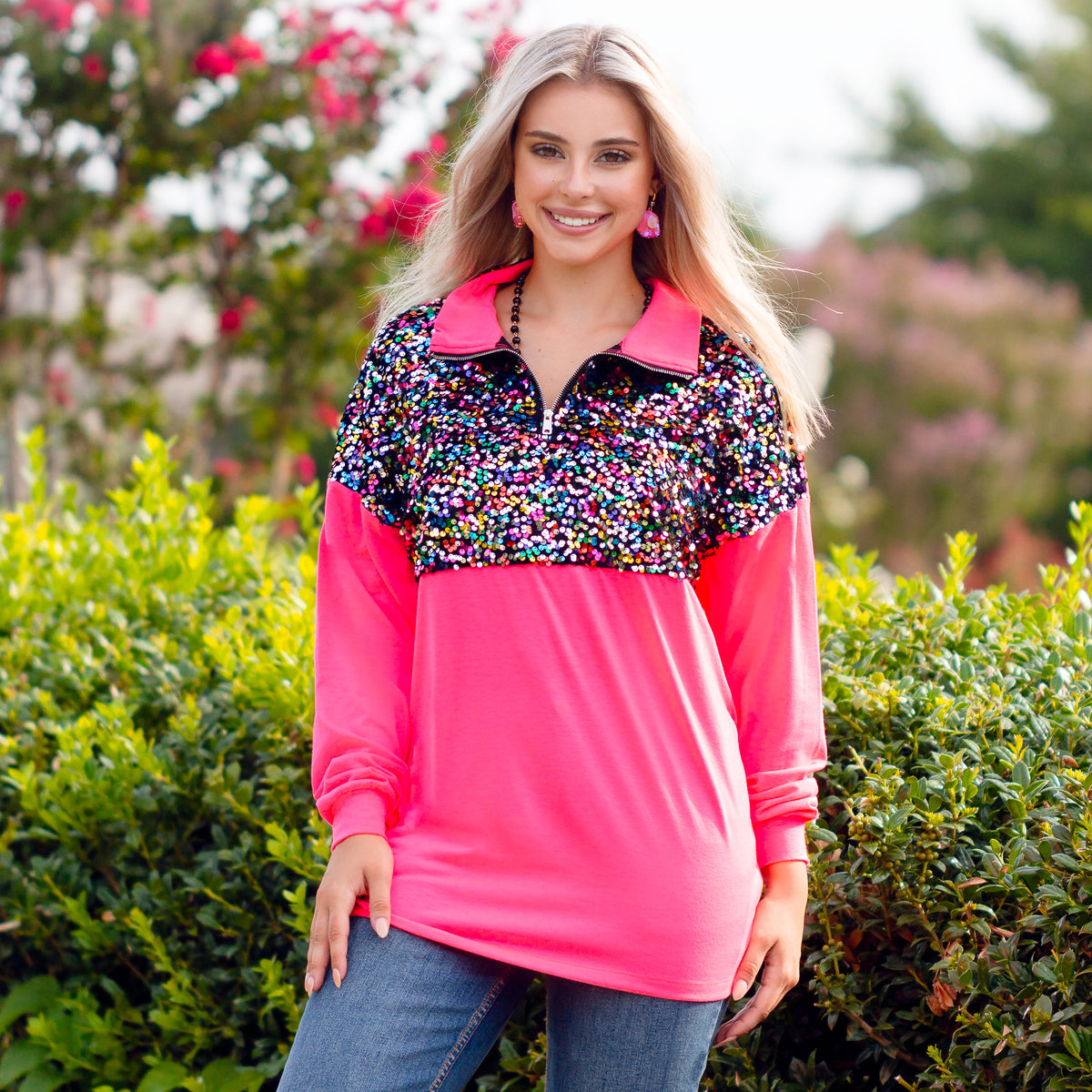 10907 - Sequin Pull Over with Zipper - Hot Pink