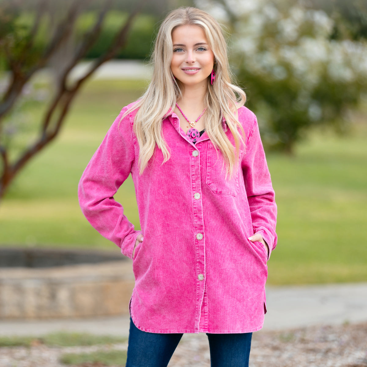 10910 - Washed Corduroy Shacket - Hot Pink