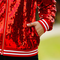 Load image into Gallery viewer, 10914 - Sequin Varsity Jacket with Pockets - Red
