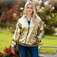 Load image into Gallery viewer, 10914 - Sequin Varsity Jacket with pockets - Gold
