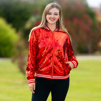 Load image into Gallery viewer, 10914 - Sequin Varsity Jacket with Pockets - Red
