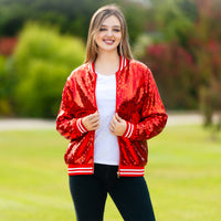 Load image into Gallery viewer, 10914 - Sequin Varsity Jacket with Pockets - Red
