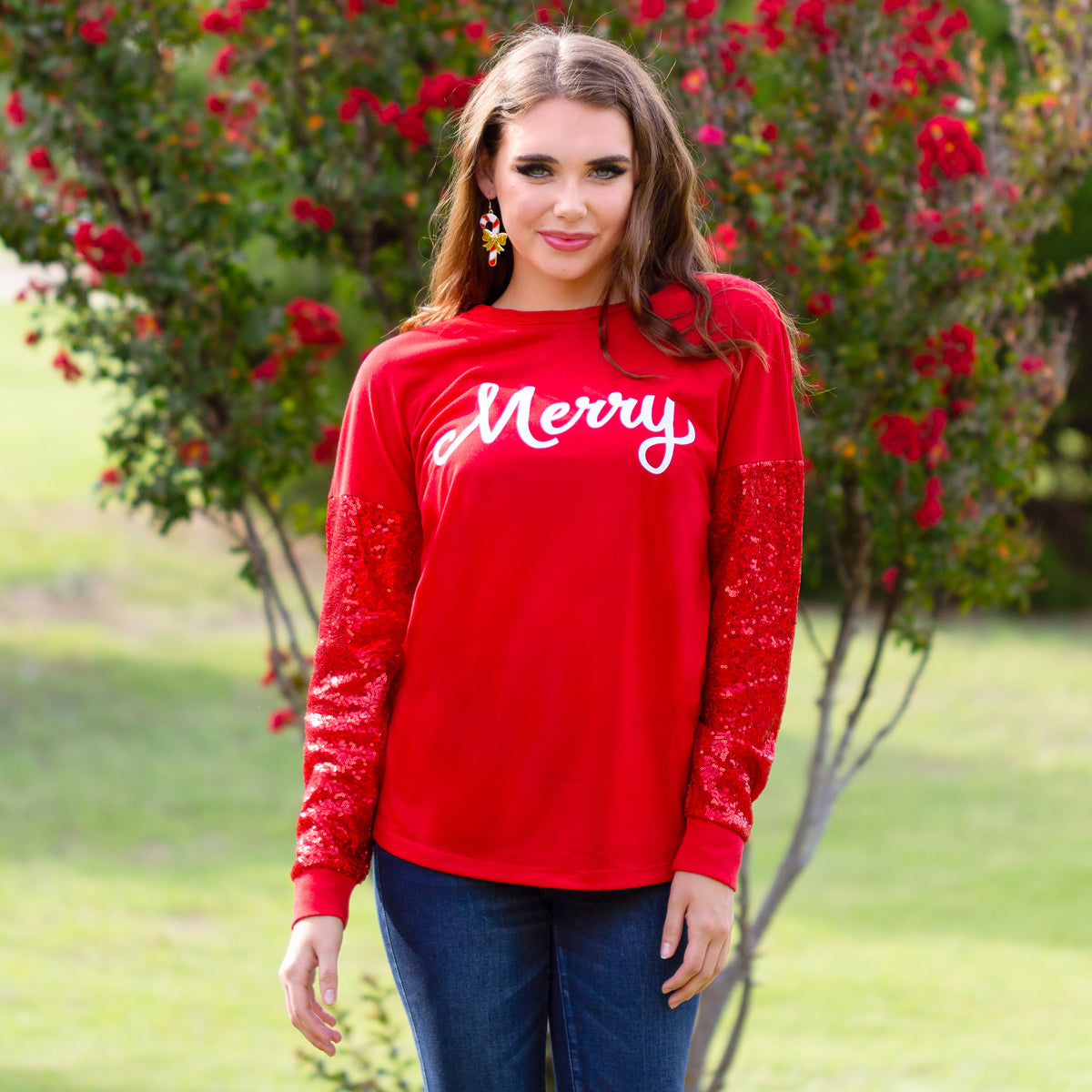 10917 - Merry Long Sleeve Top with Sequin Sleeves