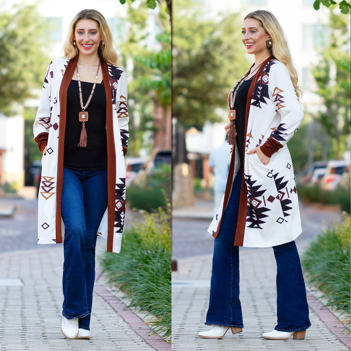 10928 - Geometric Print Cardigan with Pockets