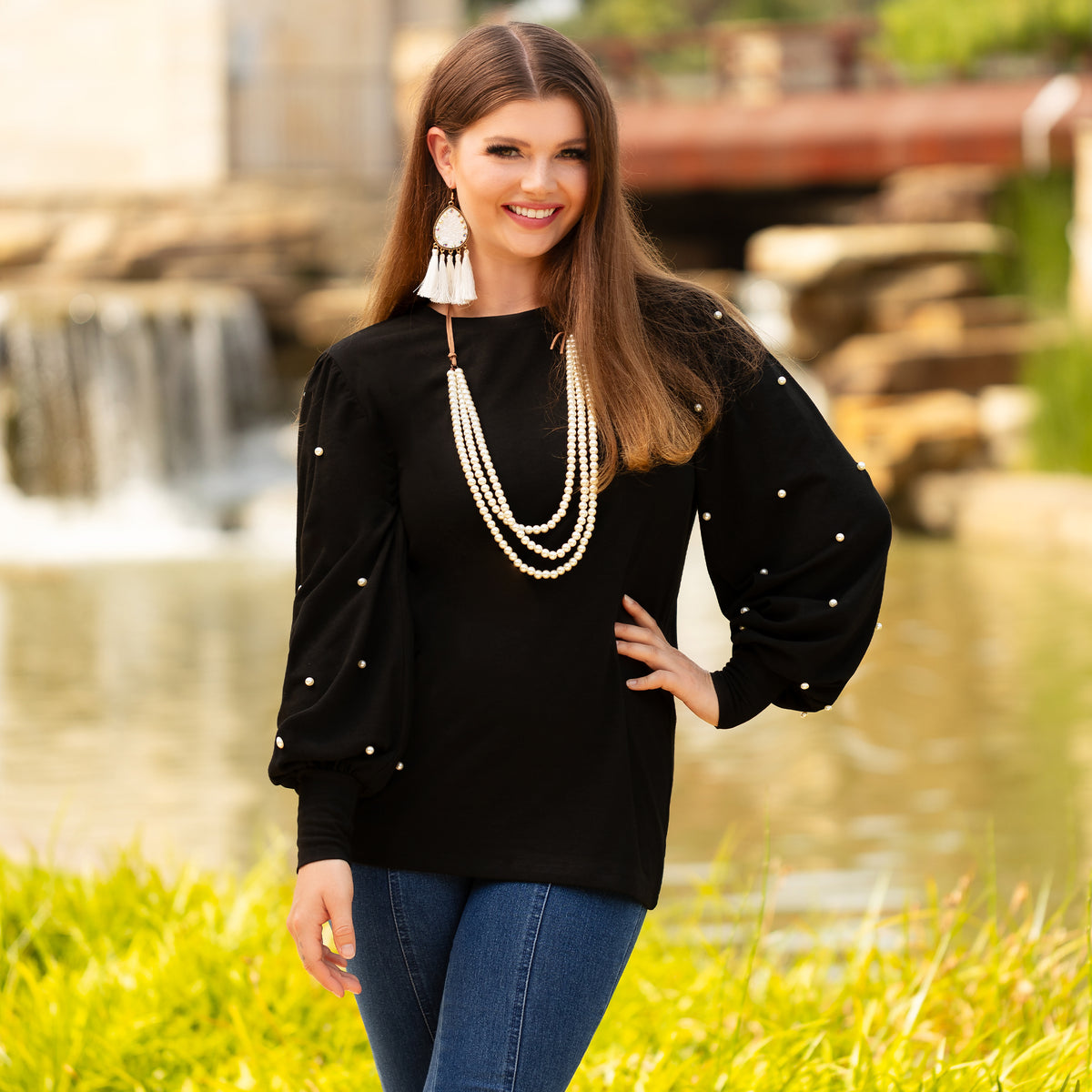 10930 - Pearl Embellished Long Sleeve Top - Black